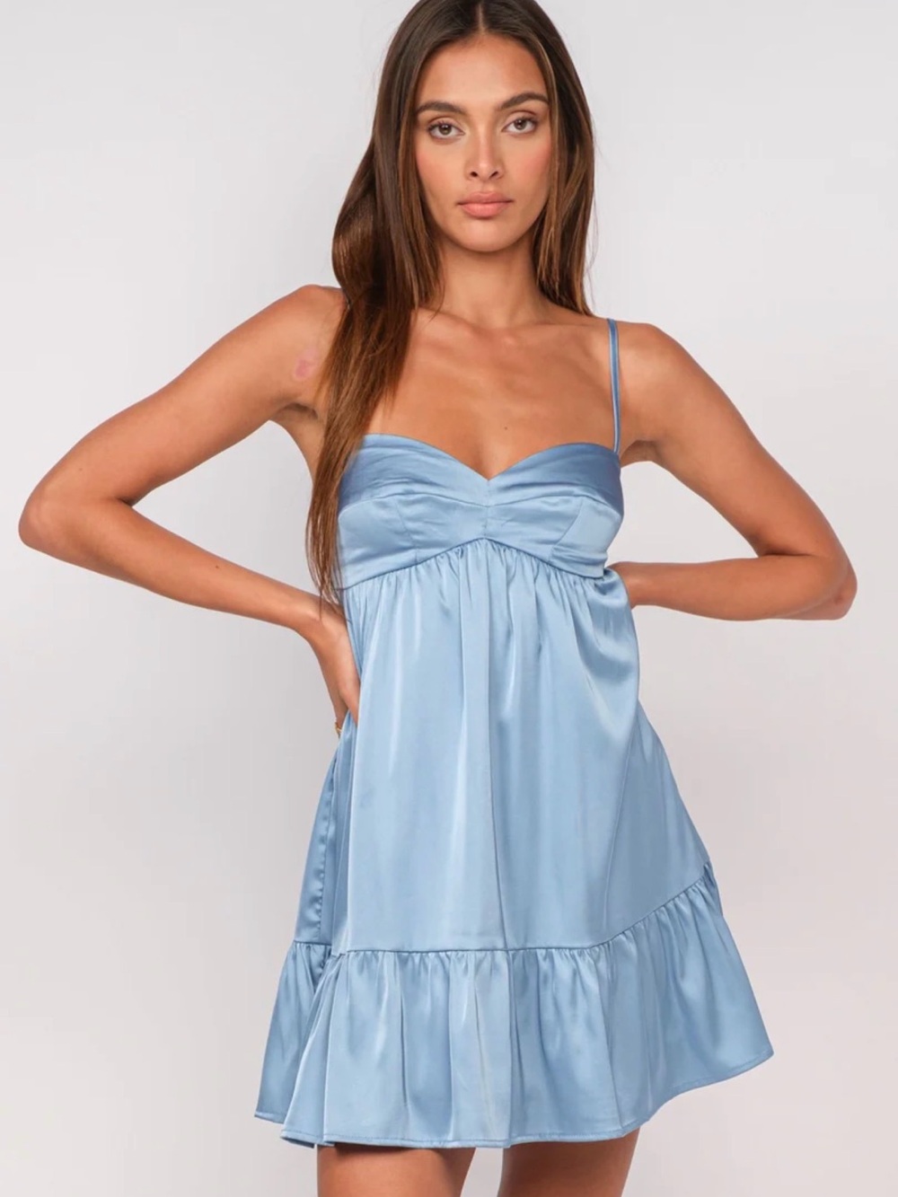 MINKPINK Light Blue Satin Mini Dress Ruffle Detail Babydoll Dress Medium